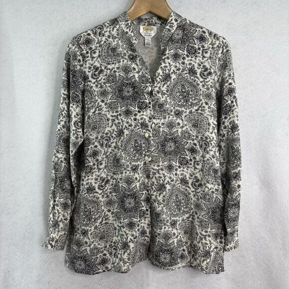 Talbots Women’s Sz 12 100% Irish Linen Black White Paisley Button Front V‎ Neck - Picture 1 of 6